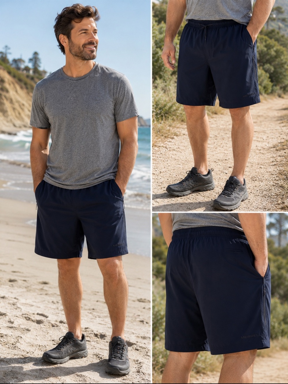 Merrell Men's black Performance hiking trail Athletic Shorts . Quick dry zip. L